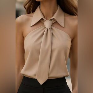 Sleeveless Collared Tie Shirt Khaki